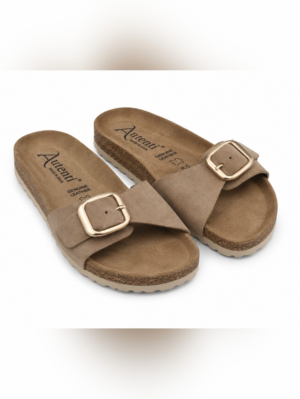 NWT Autenti Spain Leather Cork Footbed Buckle Slide Sandals Taupe 6.5 Vacation